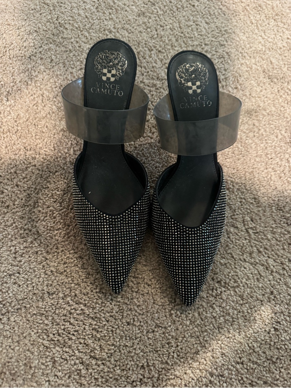 Vince Camuto Black Pointed-Toe Mule with Clear Ankle Strap and Crystal Accents